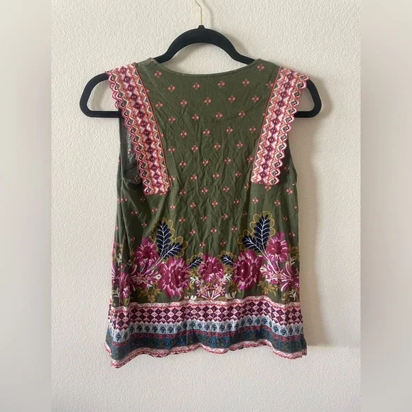 Anthropologie olive green and pink floral boho v neck tank top blouse - Picture 6 of 6